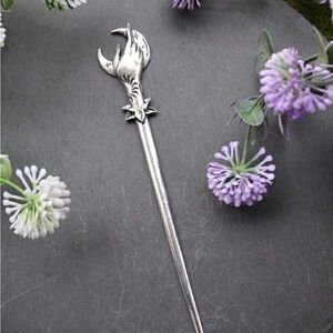 Gothic Moon & Hand Hair Accessory Pin with engraved design, Silver Tone